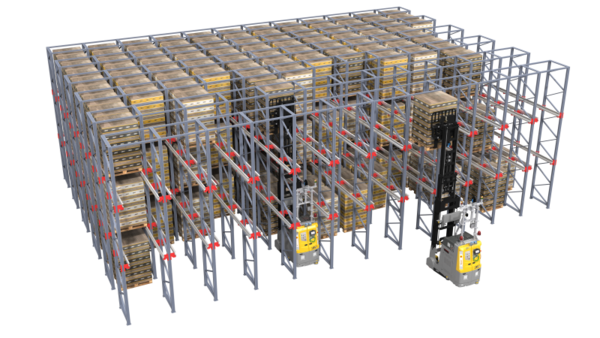 Drive-In-Warehouse-Racking-System-Automation Industrial drive-in racking system in a high-density warehouse storage facility for optimized pallet management.