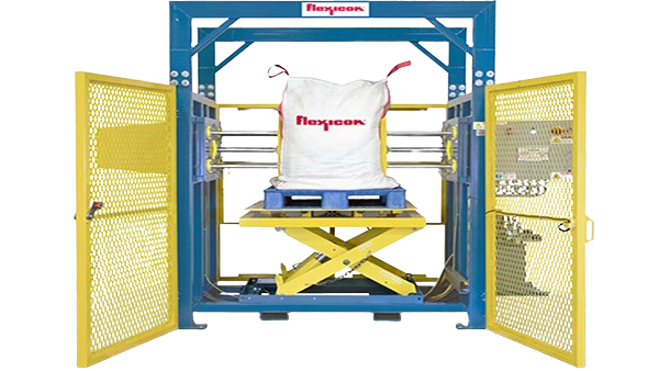 Flexicon bulk bag conditioner for loosening compacted powders and bulk materials in FIBC bags before discharge