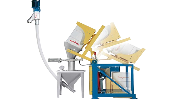 Flexicon drum, box, and container dumper for automated discharge of bulk materials into processing systems