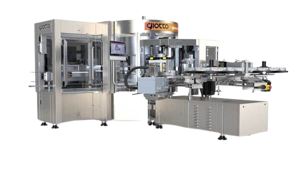 Newtec Giotto roll-fed labeling machine for high-speed wrap-around label application on bottles and containers