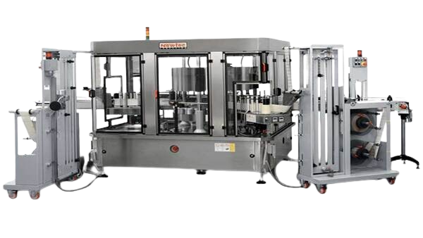 Newtec Leopard AD rotary labeling machine for automatic application of self-adhesive labels on bottles and containers