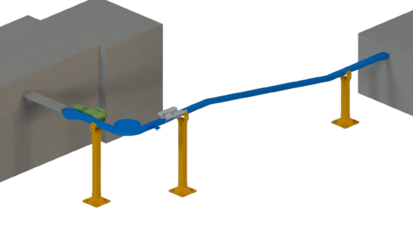 Conveying system between labeling machine and bundle machine for automated packaging line material transfer and synchronization